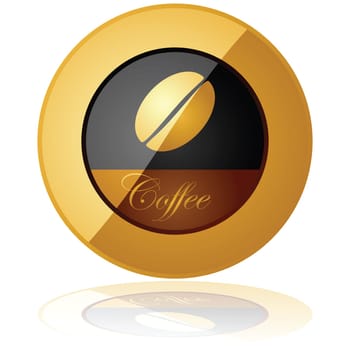 Glossy illustration of an elegant coffee button reflected over a white background