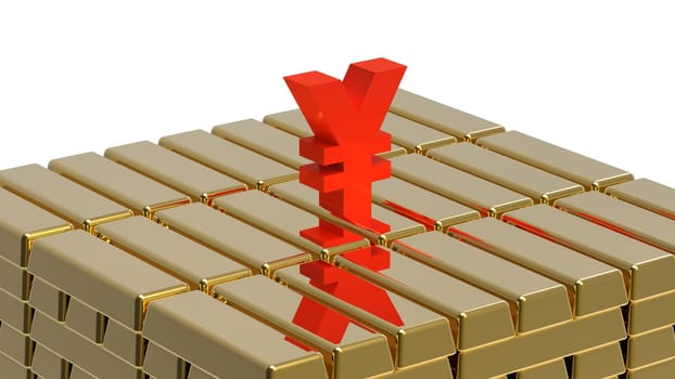 Symbol of yen on gold bars money concept