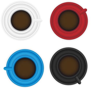 Coffee Cups Isolated on White in Red, Blue, Black and White