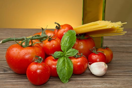 spaghetti ingredients on wood table
