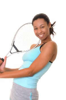 Lovely african american girl with tennis racket