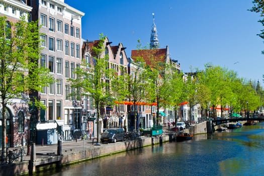 Beautiful houses on a canal in Amsterdam