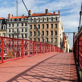 red footbridge in Lyon city in France