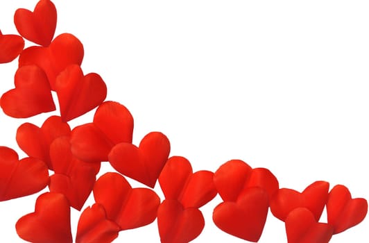 Petals in heart shape over white background - frame. Clipping path included.