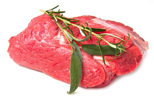red meat with rosemary isolated on white background