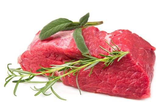red meat with rosemary isolated on white background