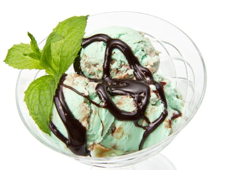 Mint ice cream with chocolate sauce