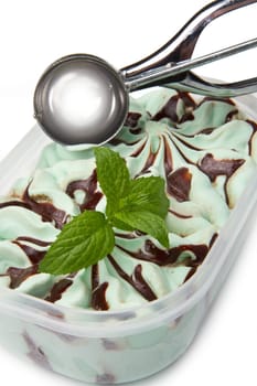 Mint ice cream with chocolate sauce