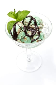 Mint ice cream with chocolate sauce
