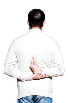 Rear view of a man showing middle finger in studio on white isolated background