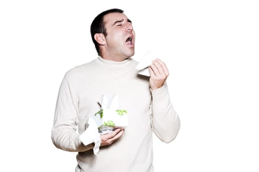 Portrait of an handsome expressive man in studio on white isolated background
