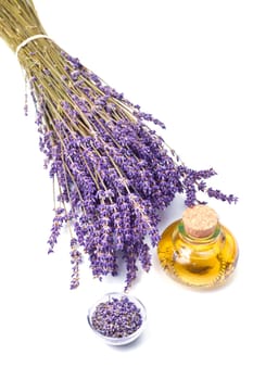 lavender flowers with oil  isolated on white background