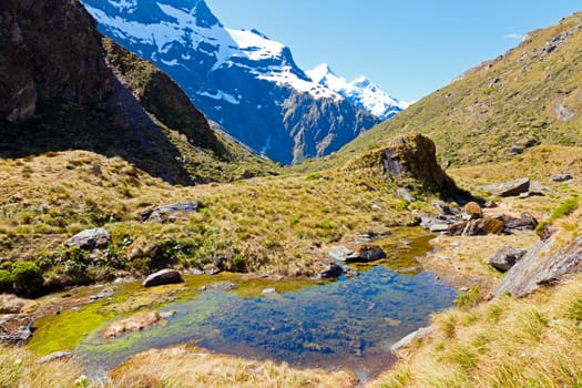 View of a snow capped mountain in the Wilkin river region of New Zealand