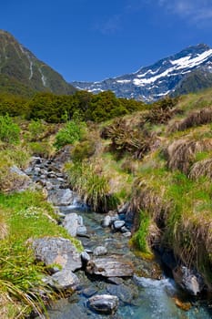 Mountain stream with snow capped mountains in the background in New Zealand