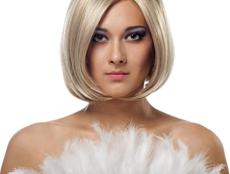 Young pretty blond woman portrait with fan close-up