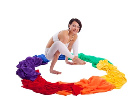Rainbow color of yoga chakra - beauty woman inside isolated