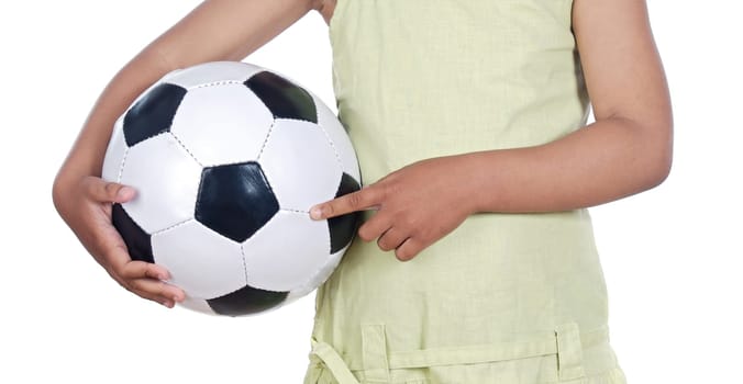 Holding a soccer ball on a over white background