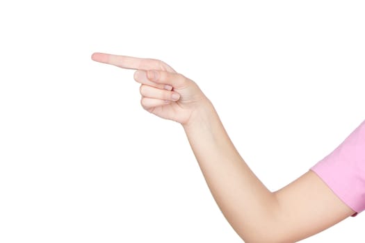 Finger pointing somethin isolated on white background