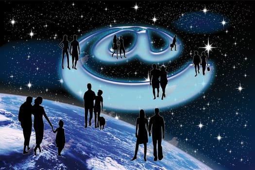 silhouettes of people on planet earth to air space on starry sky background