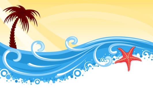 Tropical beach with palm tree, star fish and blue ocean - summer banner.