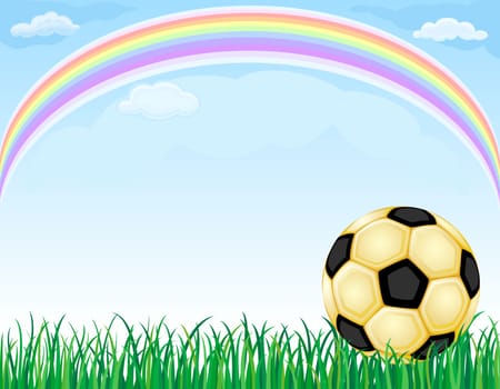 Golden football ball with green grass, colorful rainbow and blue sky.