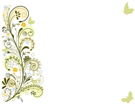 Spring floral card with swirls and butterflies. Over white background.