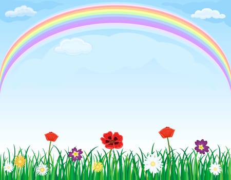 Beautiful meadow with green grass, spring flowers and rainbow over blue sky. Room for your text.