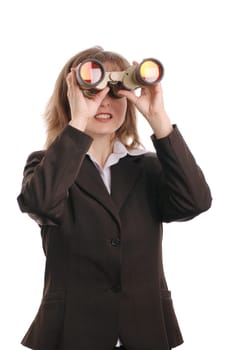 Attractive business woman with binoculars - isolated on white background