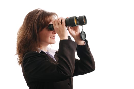 Attractive business woman with binoculars - isolated on white background
