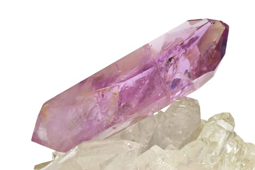 Amethyst crystal laid on quartz - isolated on white