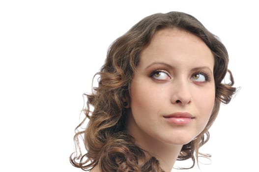 Portrait of beautiful woman looking back - isolated on white background