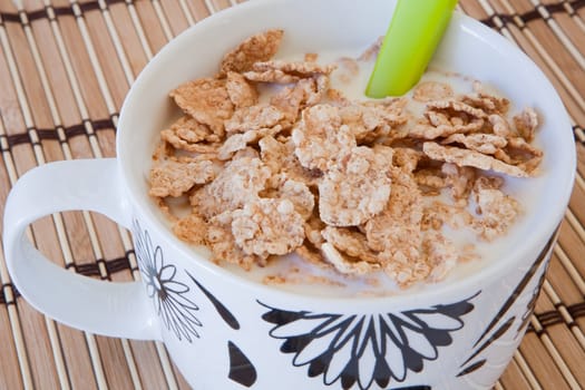 Breakfast bowl of cereal and milk on bamboo tablecloth