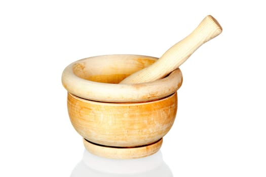 Wooden mortar isolated on white background with reflection