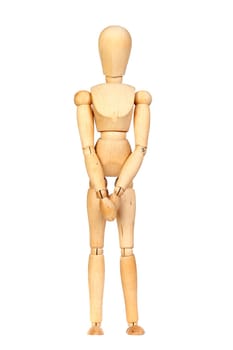 Jointed wooden mannequin waiting isolated on white background