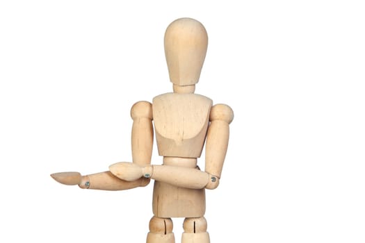 Jointed wooden mannequin with outstretched hand isolated on white background