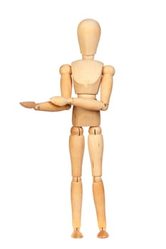 Jointed wooden mannequin with outstretched hand isolated on white background