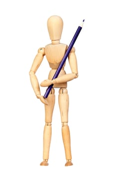 Jointed wooden mannequin with a blue pencil isolated on white background