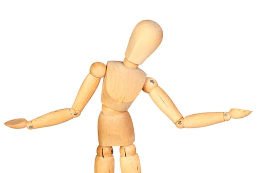 Undecided jointed wooden mannequin isolated on white background