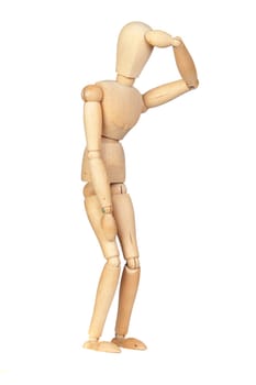 Jointed wooden mannequin representing discouragement isolated on white background