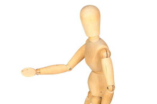 Jointed wooden mannequin greeting isolated on white background