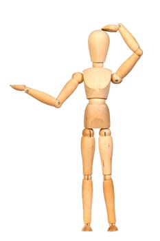 Jointed wooden mannequin looking something isolated on white background