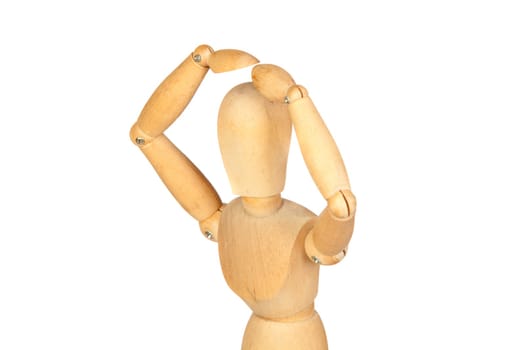Surprise jointed wooden mannequin isolated on white background