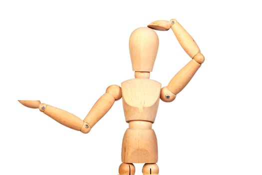 Jointed wooden mannequin looking something isolated on white background