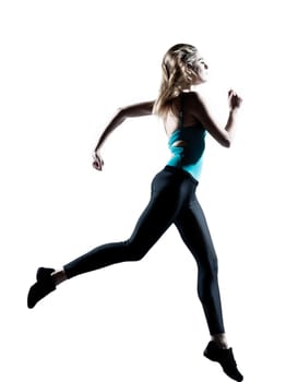 Beautiful attractive young woman running on white background