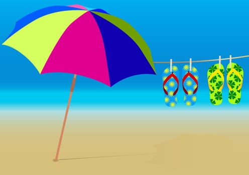 Summer Background - Beach Umbrella and Hanging Flip-Flops on Empty Sandy Beach