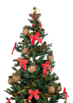 Beautiful Christmas tree with red ribbons and gold balls isolated on white background