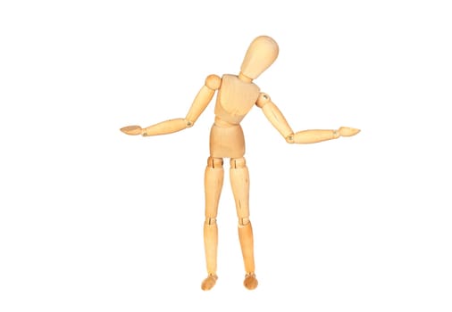 Undecided jointed wooden mannequin isolated on white background