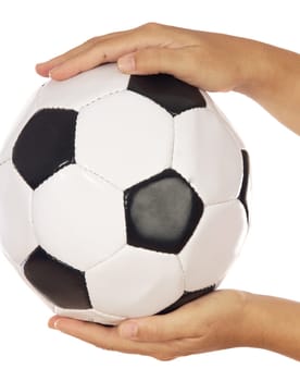 a photo of a ball of soccer in the hands a over white background