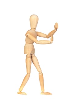 Jointed wooden mannequin pushing something isolated on white background