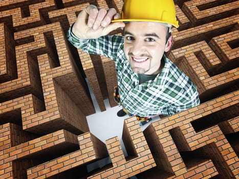 closeup image of handyman in 3d brick maze